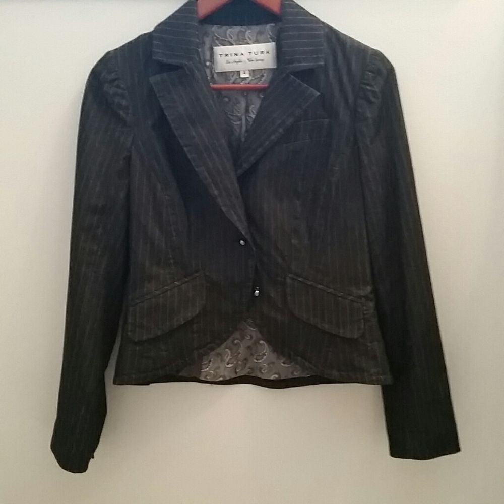 Trina Turk Pin Striped Charcoal Gray Blazer Size 4